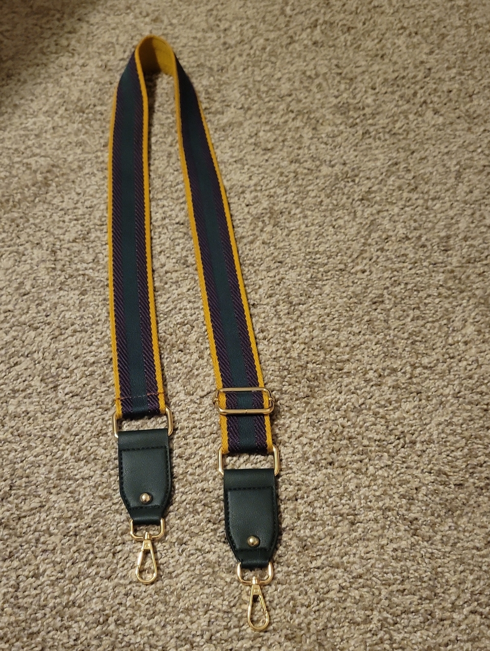 Adjustable Green & Yellow Webbing Bag Strap with Gold Hardware